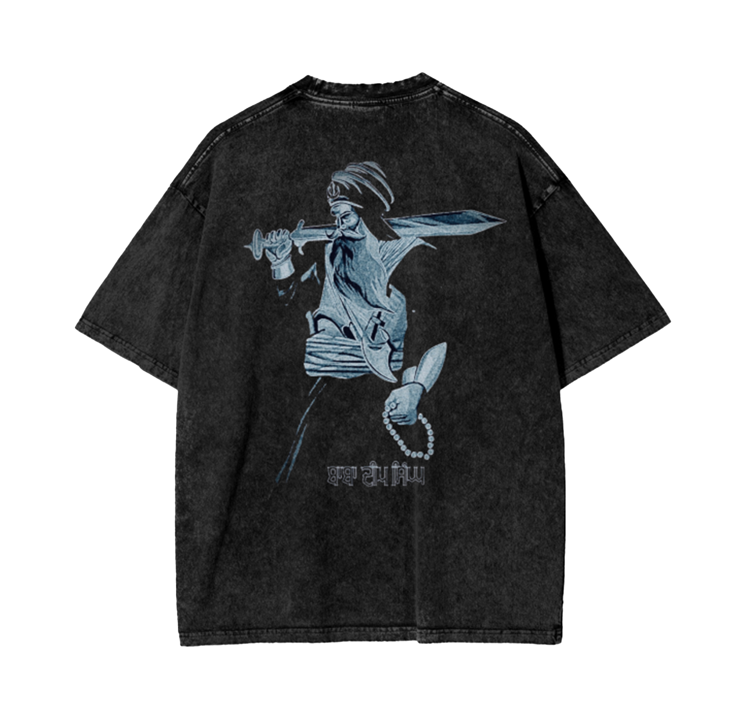 Black t-shirt with a graphic design of Baba Deep Singh Ji holding a sword and a necklace on a white background