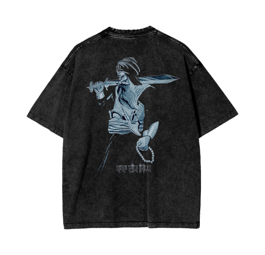 Black t-shirt with a graphic design of Baba Deep Singh Ji holding a sword and a necklace on a white background