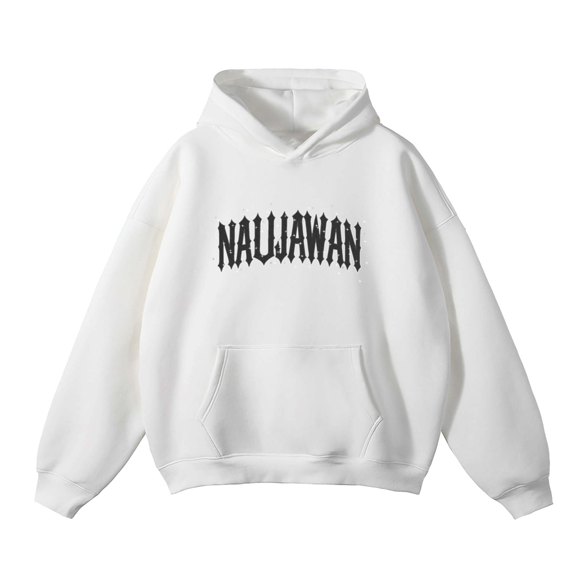 White hoodie with 'NAUJAWAN' text on a white background