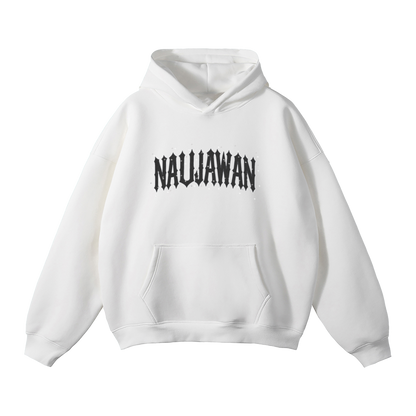 White hoodie with 'NAUJAWAN' text on a white background