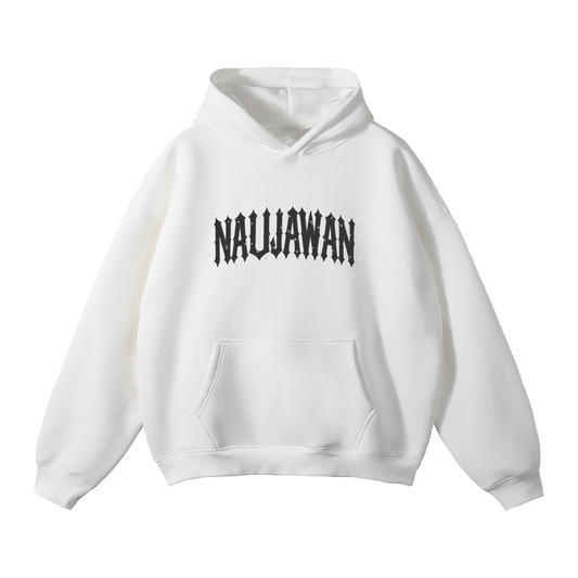 White hoodie with 'NAUJAWAN' text on a white background