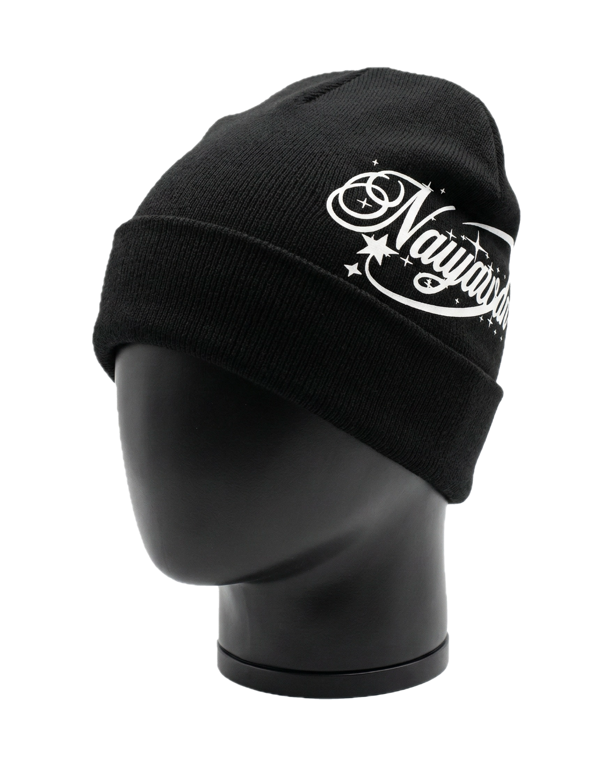 Black beanie with white logo on a mannequin head