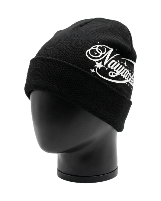 Black beanie with white logo on a mannequin head